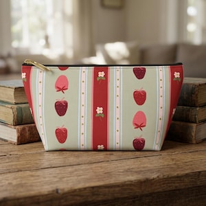 Pochette porta accessori / Borsa cosmetica con fondo a T e motivo a righe di fragole