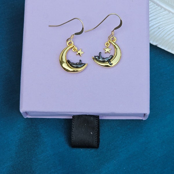 Gold Filled Jewellery, Black Cat Earrings with Star and Moon, Black Cat Earring, Golden Moon Earrings, Cat Celestial Earring, Magic Earrings
