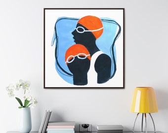 May include: A painting of two swimmers wearing orange swim caps and goggles. The swimmers are silhouetted against a blue background.