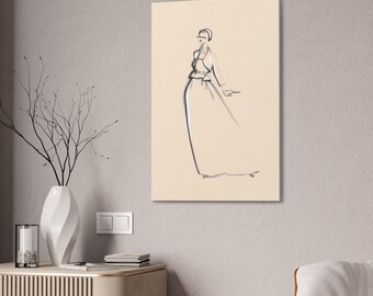 May include: A black and white line drawing of a woman wearing a hat and a long dress. The drawing is on a light beige background.