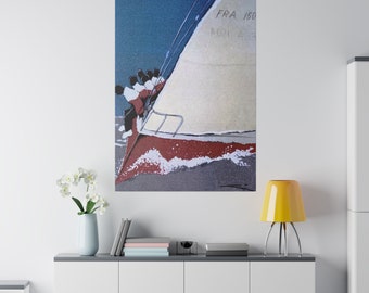 May include: A red and white sailboat with a blue sky in the background. The sailboat has the text "FRA 150" and "A021 625" on the sail.