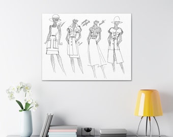 May include: A black and white pencil sketch of four fashion designs. Each design features a woman wearing a different style of dress and hat. The text "europa", "marigolds", and "freckles" is written on the page.