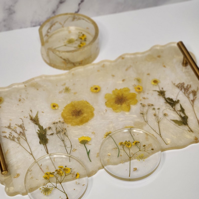 Handmade Epoxy Resin Tray With Gold Handles, Pressed Flowers, Serving