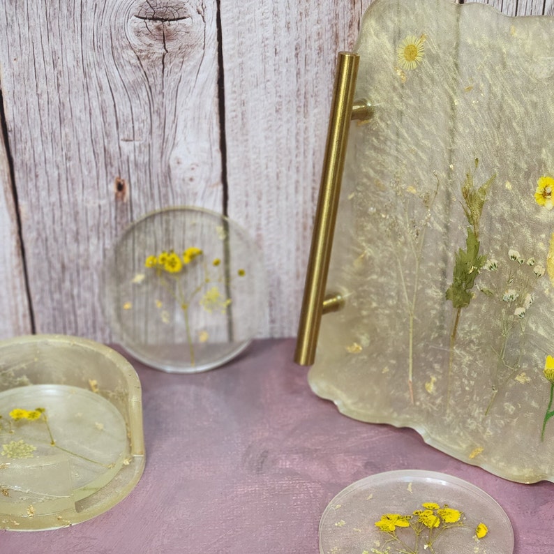 Handmade Epoxy Resin Tray With Gold Handles, Pressed Flowers, Serving