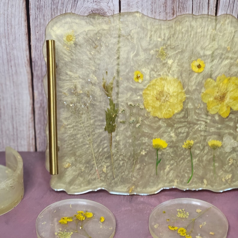 Handmade Epoxy Resin Tray With Gold Handles, Pressed Flowers, Serving