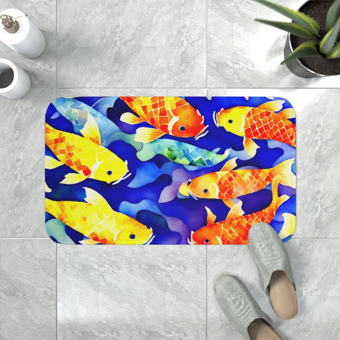 Watercolor Koi Fish, Memory Foam Bath Mat, Retro Chic, Bathroom Decor