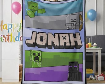 Custom Minecraft Blanket, Personalized Kids Blanket, Minecraft Gift for Birthday Boy Girl, Custom Name Kids Bedding, Sherpa Blanket Velvet