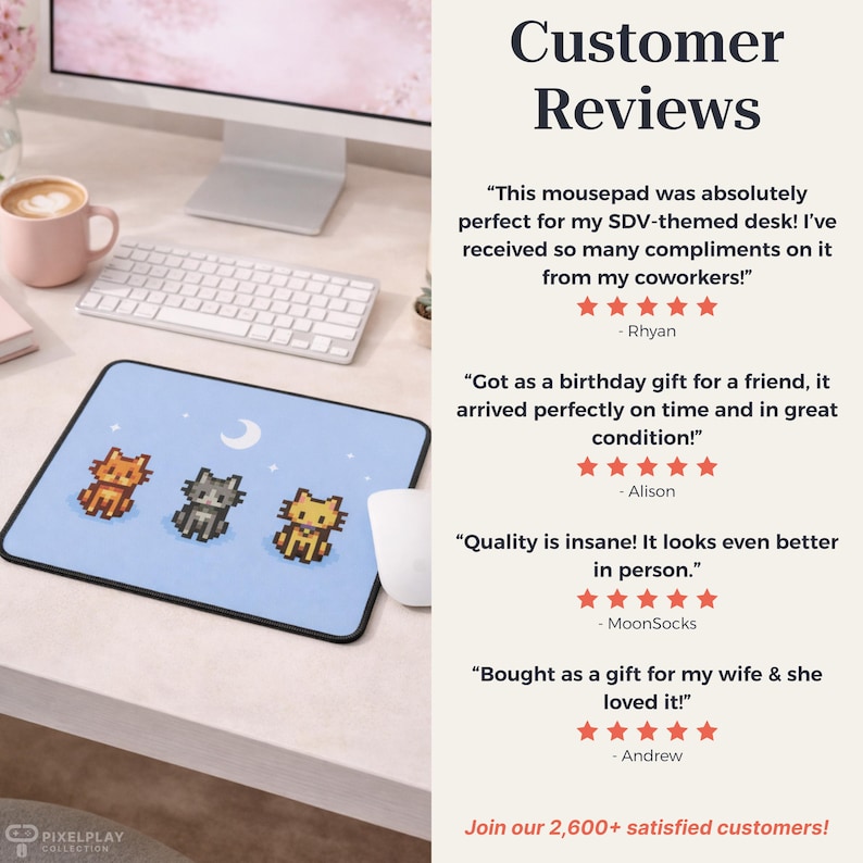 May include: A light blue mousepad featuring three pixelated cats and a crescent moon design. The mousepad is rectangular with a black border. The text "Customer Reviews" is visible in the image.