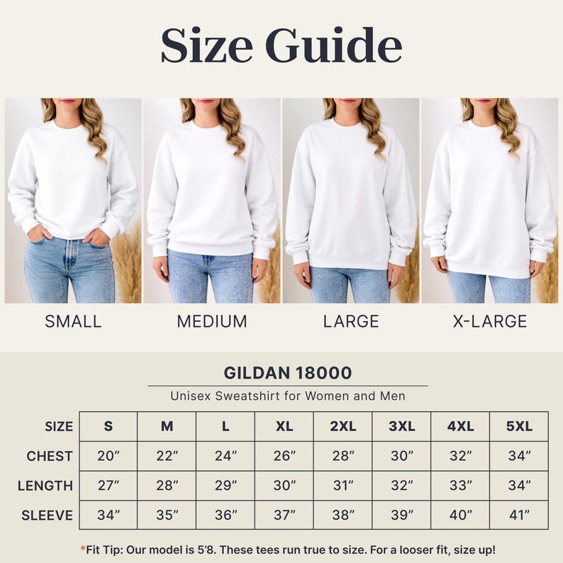 Pu&ograve; includere: Una guida alle taglie per una felpa unisex Gildan 18000. La guida include le misure per le taglie S-5XL. Le misure del petto variano da 50,8 cm a 86,4 cm. Le misure di lunghezza variano da 68,6 cm a 86,4 cm.