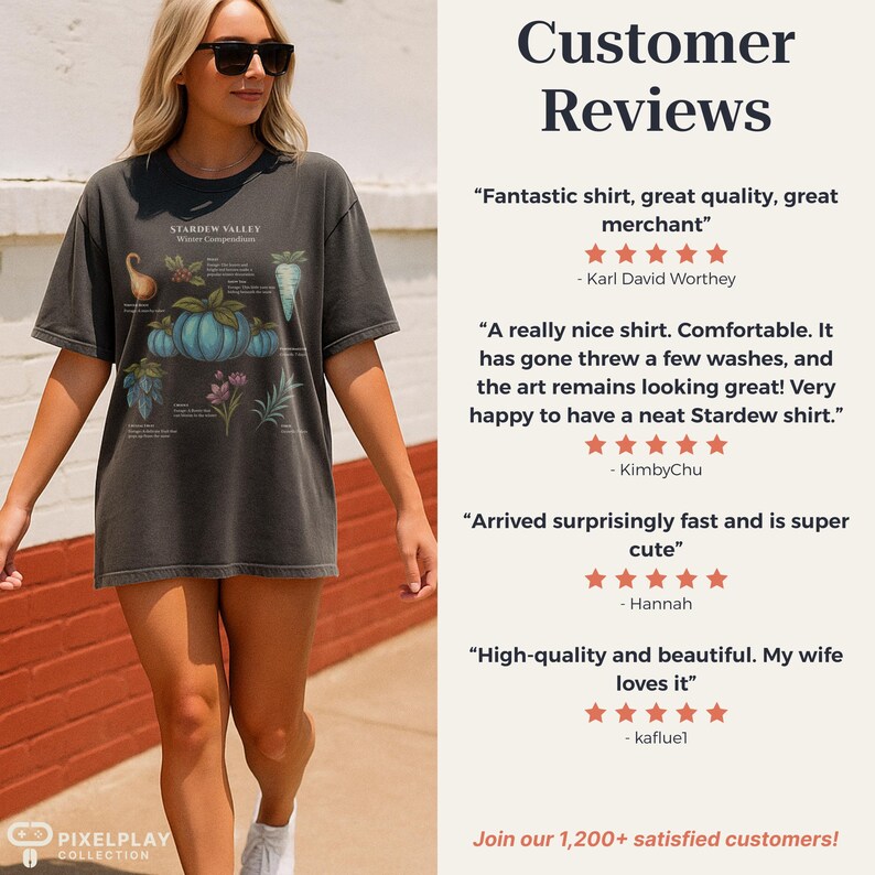 May include: Dark gray t-shirt featuring a botanical illustration of Stardew Valley crops. The shirt has a crew neck and short sleeves. The text "STARDEW VALLEY Winter Compositions" is printed at the top. The shirt is worn by a person.