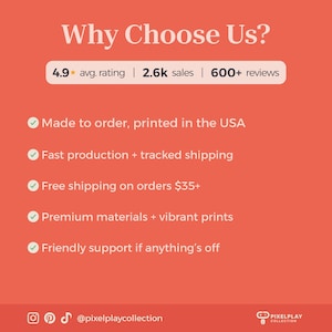 May include: An orange graphic with white text that reads "Why Choose Us?" followed by a list of benefits. The list includes "Made to order, printed in the USA," "Fast production + tracked shipping," and "Premium materials + vibrant prints."