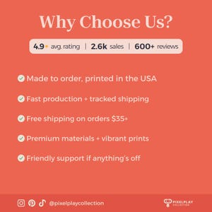 May include: An orange graphic with the text "Why Choose Us?" and a list of benefits, including "Made to order, printed in the USA," "Fast production + tracked shipping," and "Premium materials + vibrant prints."