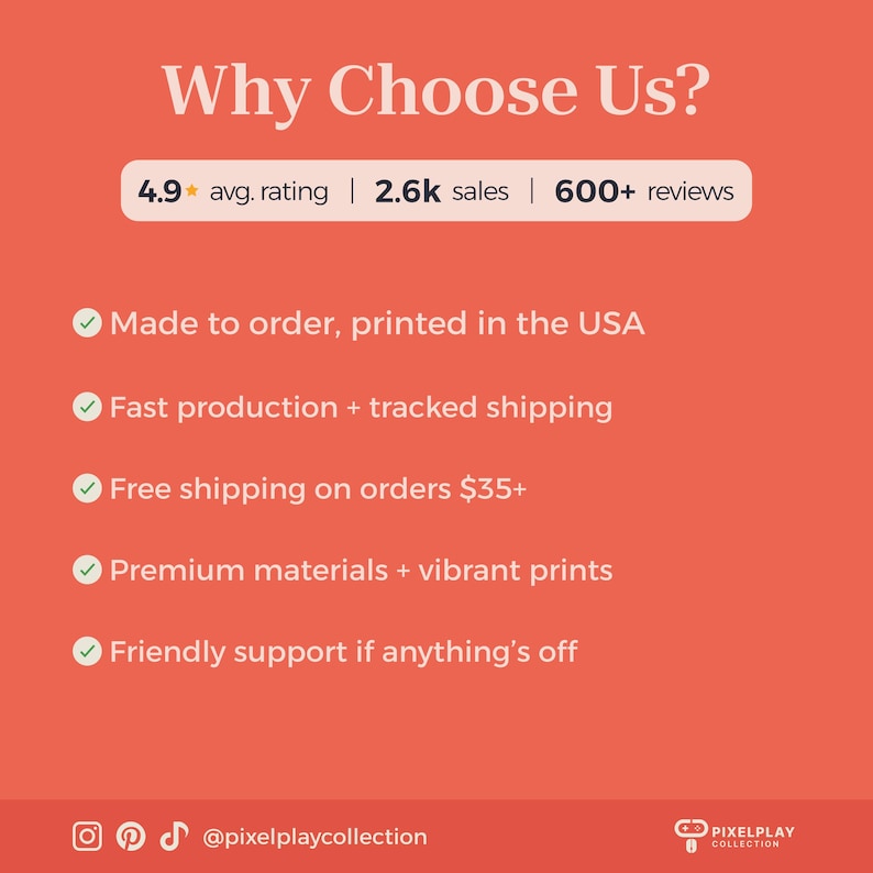 May include: An orange graphic with the text "Why Choose Us?" and a list of benefits, including "Made to order, printed in the USA," "Fast production + tracked shipping," and "Premium materials + vibrant prints."
