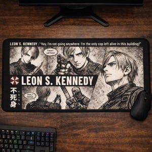 May include: Black rectangular mousepad featuring a graphic of Leon S. Kennedy from Resident Evil. The design includes multiple illustrations of the character, text, and Japanese characters. A black mouse and keyboard are visible.