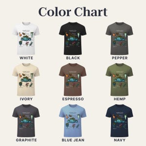 May include: A color chart displays nine t-shirts in various colors: white, black, pepper, ivory, espresso, hemp, graphite, blue jean, and navy. Each shirt features a botanical illustration with the text "Color Chart".