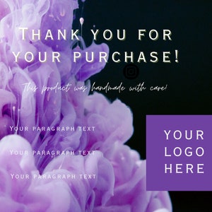 Business thank you for your purchase card, digital download. Use this template to customize your thank you cards! Place for logo and info!