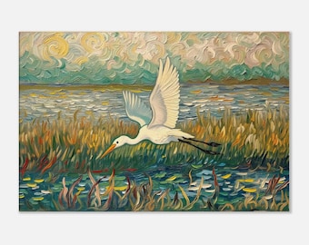 Egret Canvas Print – Marsh Landscape Bird Art
