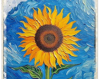 Pode incluir: Uma pintura vibrante de um girassol com pétalas amarelas e centro castanho. A flor é colocada contra um fundo azul texturizado, com folhas e caule verdes. A obra de arte tem formato quadrado.