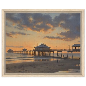 A Pier at Sunset Framed Canvas Art Print - Florida Keys Coastal Home Decor - Beautiful Landscape Art