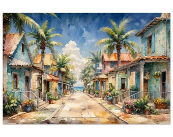 Può includere: Dipinto ad acquerello di una scena di strada tropicale. Case dai colori pastello costeggiano la strada, con palme e piante fiorite. Il cielo è blu con soffici nuvole bianche e l'oceano è visibile alla fine della strada.