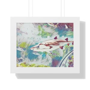 Lebendiges gerahmtes Poster des Meeres, Meereswandkunst, Küstenwohnkultur, Haifischdruck, Geschenk für Meeresliebhaber, Meereslebenkunst
