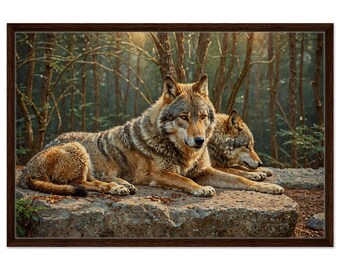 待つ狼の絵画プリント - 墨絵トーテム狼壁アート画像オオカミ日本の