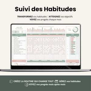 Op de afbeelding: Een laptopscherm toont een gewoontetracker met de titel "Suivi des Habitudes". Het scherm toont een raster met selectievakjes en voortgangsbalken. Tekst bevat "TRANSFORMEZ vos habitudes | ATTEIGNEZ vos objectifs" en "VOYEZ vos progrès chaque mois."