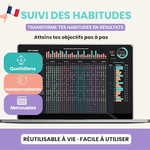 Pode incluir: Um ecrã de laptop mostra um rastreador de hábitos com o texto "SUIVI DES HABITUDES" e "TRANSFORME TES HABITUDES EN RÉSULTATS". O ecrã mostra uma grelha com quadrados coloridos e barras de progresso. As palavras "Quotidiens", "Hebdomadaires" e "Mensueles" são visíveis.