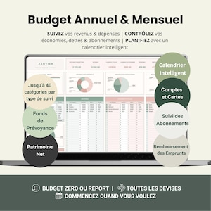 Może przedstawiać: Ekran laptopa z francuskim szablonem planowania finansowego zatytułowanym "Budget Annuel & Mensuel". Śledzi dochody, wydatki i długi. Zawiera kategorie, inteligentny kalendarz i opcje walut. Wyświetla dane finansowe.
