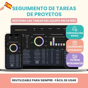 May include: A laptop and smartphone display a project management interface with charts and data. The screen shows the text "SEGUIMIENTO DE TAREAS DE PROYECTOS" and "GESTIONA LAS TAREAS DEL EQUIPO SIN ESTRÉS". The bottom of the image reads "REUTILIZABLE PARA SIEMPRE • FÁCIL DE USAR".