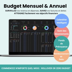 May include: A laptop screen displaying a budget spreadsheet with charts and graphs. The text on the screen reads "Budget Mensuel & Annuel" and "SURVEILLEZ vos revenus et dépenses, SUIVEZ vos factures et dettes ATTEIGNEZ facilement vos objectifs financiers". The text below the laptop reads "COMMENCEZ N'IMPORTE QUEL MOIS | ROLLOVER OR ZERO BUDGET".