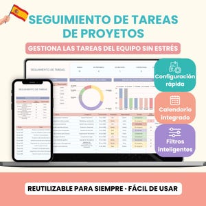 Puede incluir: Interfaz digital de gestión de proyectos mostrada en un portátil y un smartphone. La pantalla muestra datos de seguimiento de tareas con gráficos y tablas. El texto incluye "Seguimiento de tareas" y "Tareas del proyecto".