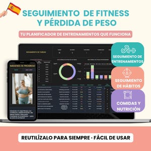 Pode incluir: Um planejador digital de fitness e perda de peso exibido em um laptop e smartphone. A tela mostra imagens de progresso, rastreamento de tarefas e rastreamento de hábitos e nutrição. O texto inclui "Rastreamento de fitness e perda de peso" e "Use-o para sempre - Fácil de usar".