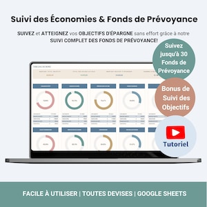 Peut inclure: Un écran d'ordinateur portable affichant une feuille de calcul avec des graphiques et des diagrammes. La feuille de calcul est intitulée "Suivi des Économies & Fonds de Prévoyance" et comprend le texte "Suivez jusqu'à 30 Fonds de Prévoyance" et "Bonus de Suivi des Objectifs". Une icône de bouton de lecture se trouve dans le coin inférieur droit de l'écran avec le mot "Tutoriel" en dessous. Le texte "FACILE À UTILISER | TOUTES DEVISES | GOOGLE SHEETS" est en bas de l'image.