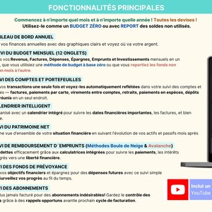 Tableau de bord du Budget Mensuel et Annuel en français, affiché sur un ordinateur portable avec graphiques et diagrammes colorés. Le modèle inclut jusqu’à 40 catégories de suivi, un calendrier intelligent, la gestion des comptes et cartes, le suivi des abonnements, le remboursement des emprunts, les fonds de prévoyance et le suivi du patrimoine net. Le bandeau indique : “Intégrez la croissance des investissements, les retraits d’épargne et les paiements en espèces”. Budget zéro ou report.