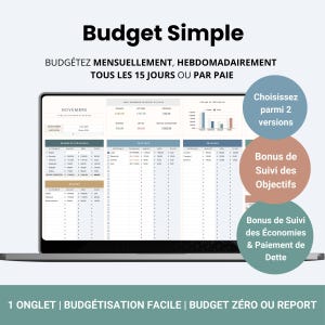 Puede incluir: Una pantalla de computadora portátil que muestra una plantilla de hoja de cálculo de presupuesto en francés. La plantilla se titula "Budget Simple" e incluye secciones para ingresos, gastos y ahorros. La plantilla está diseñada para ayudar a los usuarios a realizar un seguimiento de sus finanzas y crear un presupuesto.
