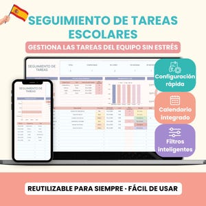 Puede incluir: Un portátil y un smartphone muestran una aplicación de gestión de tareas con el texto "SEGUIMIENTO DE TAREAS ESCOLARES". La interfaz incluye gráficos, tablas e iconos para una configuración rápida, calendario integrado y filtros inteligentes.