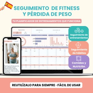 Op de afbeelding: Een laptop en smartphone tonen een fitness- en gewichtsverliesplanner. Het laptopscherm toont een trainingssamenvatting en trackingcategorieën. De smartphone toont een vrouw in sportkleding. Tekst bevat "Fitness Tracking".