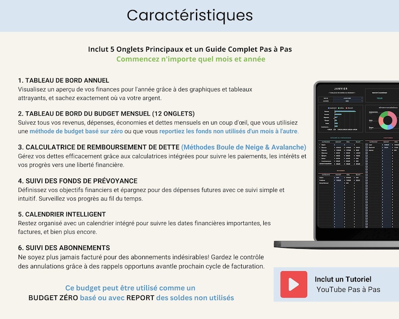 Budget Mensuel Annuel Budget Planner Francais Tableur Budget Mensuel Francais Planificateur Budget Feuilles Budgétaire Français French Suivi Budget Mensuel Tableau de budget mensuel, budgétisation basée sur zéro ainsi que pour le budget avec report