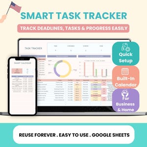 Op de afbeelding: Een digitale taaktracker weergegeven op een laptop en smartphone. Het scherm toont een taakbeheerinterface met grafieken en lijsten. Het ontwerp bevat de tekst "SMART TASK TRACKER" en "TRACK DEADLINES, TASKS & PROGRESS EASILY".