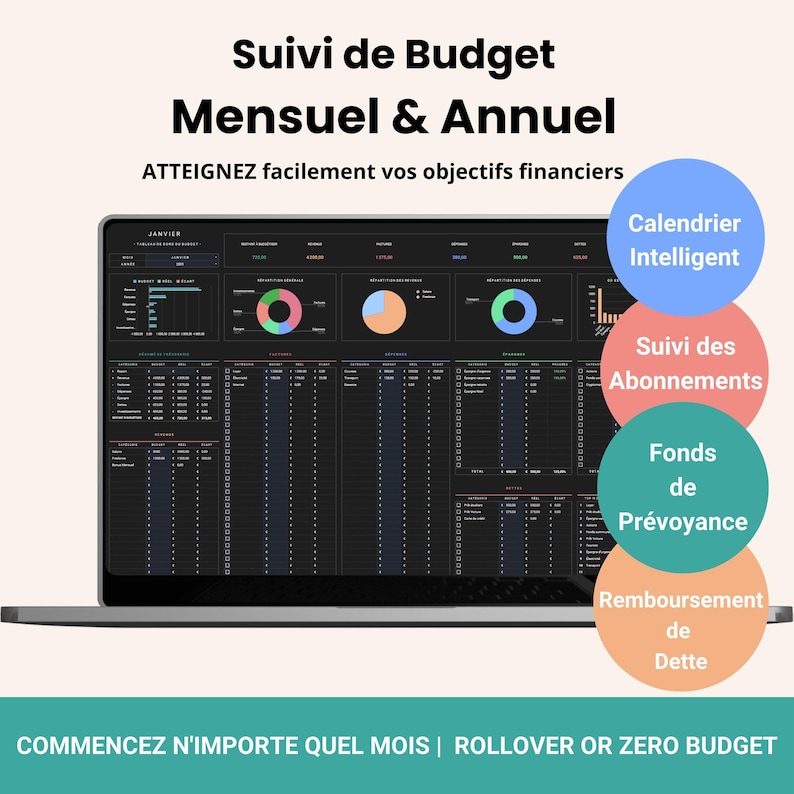 Budget Mensuel Annuel Budget Planner Francais Tableur Budget Mensuel Francais Planificateur Budget Feuilles Budgétaire Français French Suivi Budget Mensuel Tableau de budget mensuel, budgétisation basée sur zéro ainsi que pour le budget avec report
