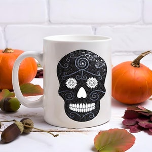 Skull Mug / Skull Coffee Mug / Skull Tea Mug / Sugar Skull Mug / Mosaic Skull Art / B&W Skull / Dia de los Muertos / Day of the Dead