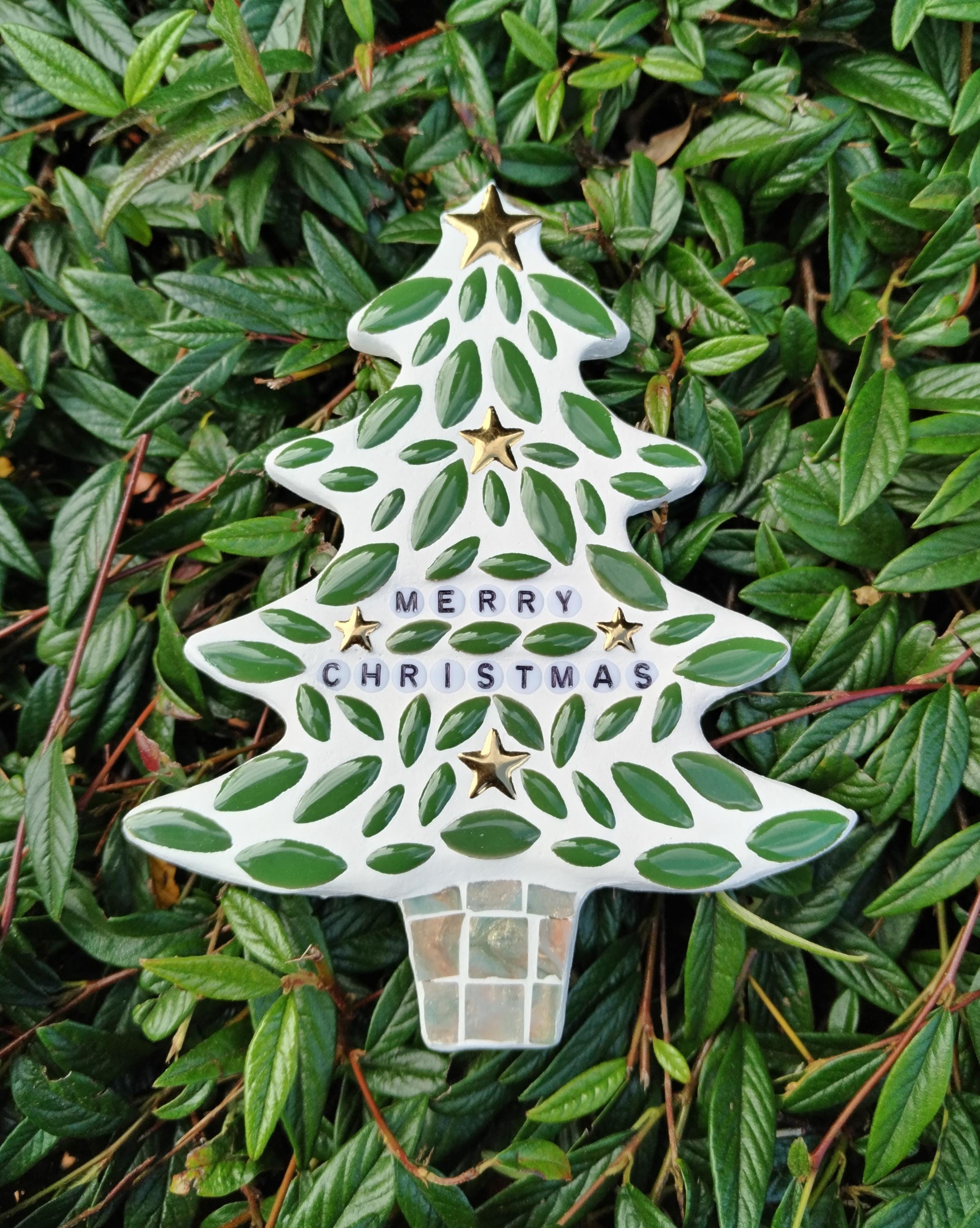 Handmade Mosaic Christmas Tree Decor, Mini Easel Included