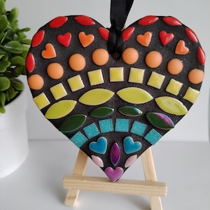 Handmade Rainbow Mosaic Heart Ornament, Colourful Mosaic Heart Decoration, Valentine&#39;s Day Gift, Gift for her/him, Vibrant Housewarming gif