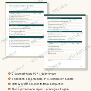 May include: A two-page OSHA Dental Compliance Checklist in PDF format. The document features six sections including documentation, training, PPE, sterilisation, hazard communication, and emergency preparedness with columns for date and initials.