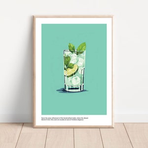 May include: A refreshing mojito cocktail in a tall glass with ice, lime wedges, and fresh mint leaves. The drink is set against a light blue background.
