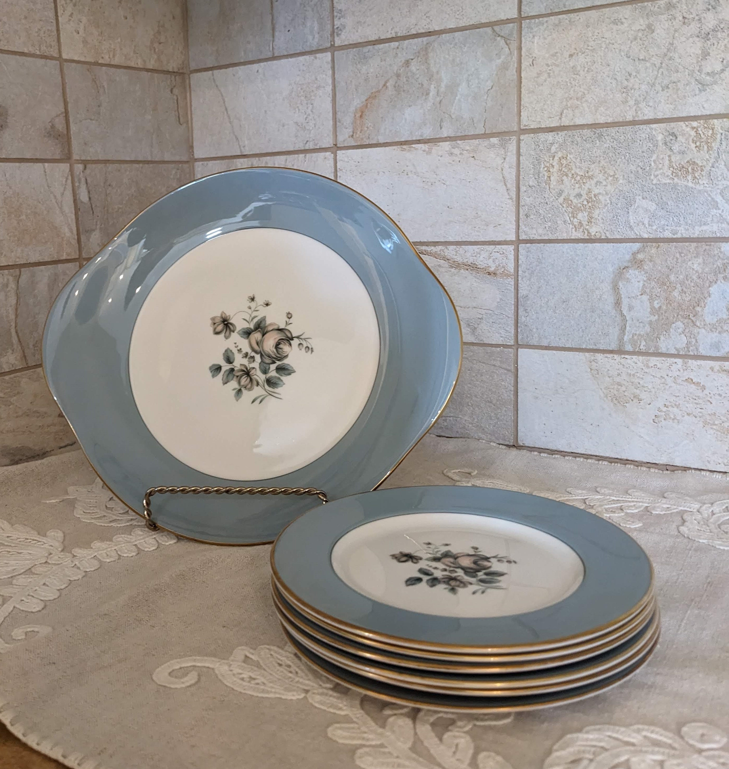Vintage Royal Doulton Rose Elegans Set of 6 Small Plates with Serving Plate
