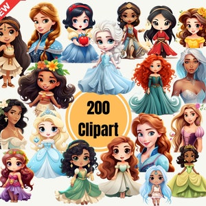 Princess Clipart PNG Bundle Sticker Sublimation Nursery Decor Snow White Moana Merida Aurora Cinderella Belle Jasmine Pocahontas Mulan Tiana