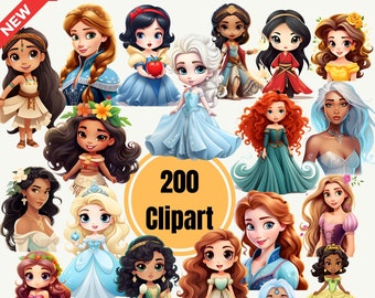 Księżniczka Clipart PNG Pakiet Naklejka Sublimacja Wystrój przedszkola Śnieżka Moana Merida Aurora Kopciuszek Belle Jasmine Pocahontas Mulan Tiana