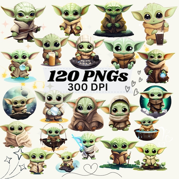 Baby Yoda Clipart PNG Bundle Sticker Sublimation Sublimate Space Wars Galaxy